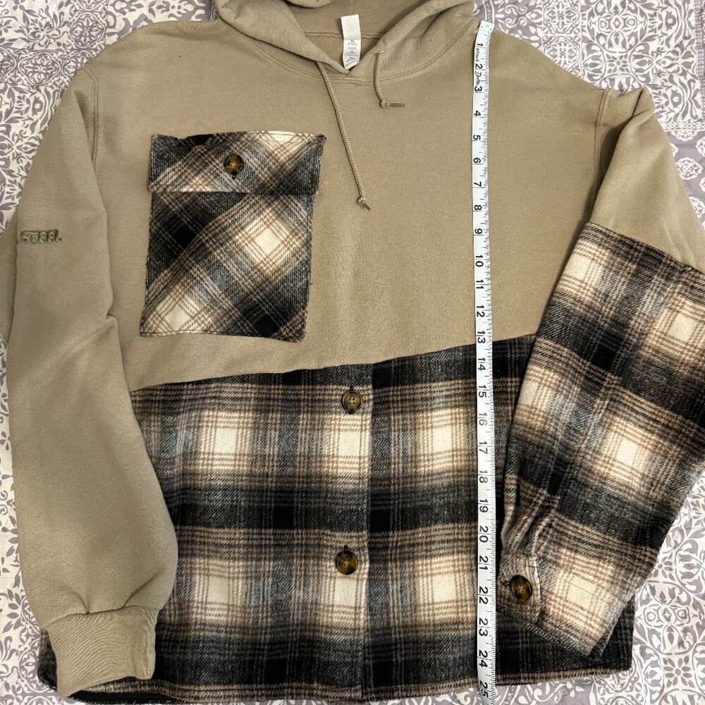 Upcycled Cream Hoodie & Checkered Flannel Men's Size Medium